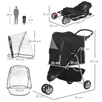 PawHut Pet Travel Stroller with Rain Cover, 3 Wheels Foldable Cat Dog Pushchair with Storage Basket and Cupholder for Small Miniature Dogs(Black)(m-3)