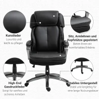 Vinsetto Bürostuhl Computerstuhl mit Wippenfunktion Kopfstütze ergonomischer Schreibtischstuhl drehbar höhenverstellbar Kunstleder Schwarz 68 x 76 x 117-125 cm(m-6)