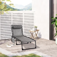 Outsunny Portable Sun Lounger, Folding Camping Bed Cot, Reclining Lounge Chair 5-position Adjustable Backrest with Side Pocket, Pillow for Patio Garden Beach Pool, Mixed Grey(m-2)