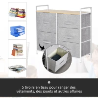 HOMCOM Commode à Tiroirs en Tissu Meuble de Rangement avec 5 Tiroirs Amovibles pour Chambre Salon Cuisine 83 x 29 x 77 cm Gris(m-4)