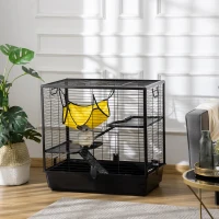 PawHut Cage petits rongeurs cochon d'inde, lapin, furets 3 niveaux avec abreuvoir, hamac, 2 rampes dim. 80L x 48l x 78H cm - noir(m-2)
