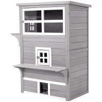 PawHut Three-Tier wooden Kitten Shelter, Outdoor Cat House, with Jumping Platforms, Asphalt Roof, Doors - Grey(m-11)