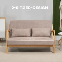 HOMCOM 2-er Sofa, 2-Sitzer, kleines Sofa, Retrodesign, 2 Kissen, Kautschukholz, Braun + Natur(m-6)