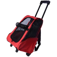 PawHut Sac de transport à roulettes pour chien 2 en 1 trolley chariot sac à dos pour chien chat avec poignée téléscopique, sacs de rangement, aérations, attache de sécurité, 42 x 25 x 55 cm, rouge(m-1)