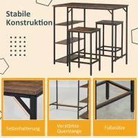 HOMCOM Bartisch-Set Stehtisch mit 2 Barhockern Essgruppe 3-teiliges Tischset Küchentresen mit Regale Spanplatte Stahl Rustikales Braun+Schwarz 109 x 60 x 100 cm(m-5)