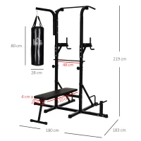HOMCOM Kraftstation mit Klimmzugstange, Multifunktionale Dip-Station, Trainings-Gerät für Zuhause, mit Boxsack, Fitness, Stahl, Schwarz, 180 x 183 x 219 cm(m-3)