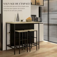 HOMCOM Ensemble table de bar et 2 tabourets style industriel avec étagère de rangement, repose-pieds, métal noir et aspect bois(m-6)