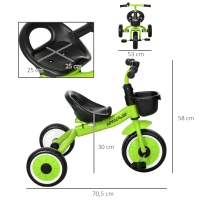 AIYAPLAY Triciclo para Niños de 2 a 5 Años con Asiento Ajustable Cesta Timbre Pedales y 3 Ruedas Carga 25 kg 70,5x53x58 cm Verde(m-3)