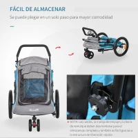 PawHut Cochecito para Perros Carro para Mascotas Plegable 2 en 1 con Manillar Rueda Delantera Giratoria 360° Enganche Retráctil Tela Oxford Carga 30 kg 140x71x105 cm Azul Gris(m-6)
