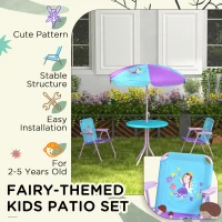 Outsunny Kids Picnic Table and Chair Set, Fairy Themed Outdoor Garden Furniture w/ Foldable Chairs, Adjustable Parasol(m-6)