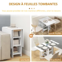 HOMCOM Table de cuisine table de salle à manger pliable amovible 3 étagères 2 abattants design moderne 120 x 60 x 75 cm blanc(m-5)