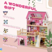 AIYAPLAY 3 Levels Dolls House Play Set with 13 Wooden Furniture Pieces and Accessories,(m-7)