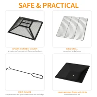 Outsunny Outdoor 3 in 1 Square Fire Pit Brazier with BBQ Grill, Metal Large Firepit with Lid, Log Grate, Poker for Backyard, Camping, Bonfire, Wood Burning Stove, 86 x 86 x 38cm, Black(m-5)