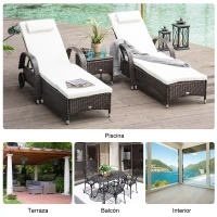 Outsunny Conjunto de 2 Tumbonas con Cojín y Respaldo Ajustable 5 Posiciones y 1 Mesita de Ratán Sintético Color Marrón(m-6)