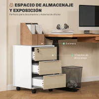 HOMCOM Mueble Archivador con Ruedas 3 Cajones Cerradura y 2 Llaves para Estudio Salón 40x40x63,5 cm Blanco y Roble(m-4)