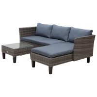 Outsunny 3 Pcs Garden Sofa PE Rattan Set w/ 2 Seats Square Glass Top Coffee Table Thick Cushions Solid Legs Metal Frame Patio Outdoor Balcony Patio L Corner Shape - Grey(m-11)