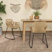 HOMCOM Set 2 Sedie da Pranzo Stile Boho da Interno in Rattan PE con Schienale Basso e Braccioli, Giallo(m-7)