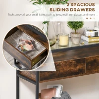 HOMCOM Entryway Console Table, Industrial Style Sofa Table with Drawers,Tempered Glass Top,Robust Steel Frame, Easy Assembly, for Living Room, Hallway, Rustic Brown and Black(m-6)