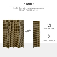 HOMCOM Paravent intérieur 4 Panneaux Pliables 180L x 180H cm séparateur de pièce Bois de peuplier Fibres de Papier tressée Chocolat Paille(m-6)