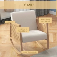 HOMCOM Fauteuil à bascule rocking chair design tissu effet lin accoudoirs cannage style bohème structure en d'hévéa gris clair(m-6)
