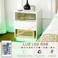 HOMCOM Mesita de Noche con Luz LED Mesilla de Noche con Mando a Distancia Cajón de Alto Brillo y 2 Estantes 40x40x55 cm Blanco(m-4)