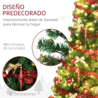 HOMCOM Árbol de Navidad Artificial de 480 Ramas con 150 Luces LED con 8 Modos y 100 Decoraciones Acero Ø86x180 cm Verde(m-6)