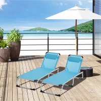 Outsunny Foldable Outdoor Sun Loungers Set of 2, Reclining Lounge Chair Camping Bed Cot with Pillow 4-Level Adjustable Back Aluminium Frame, Blue(m-2)