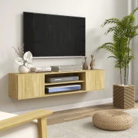 HOMCOM Floating TV Stand Cabinet for TVs up to 60", Wall Mounted TV Unit with Open Shelf, Storage Cupboards and Cable Management for Living Room, Natural Wood Effect(m-2)