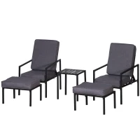 Outsunny Set 5 Pezzi Mobili da Esterno, 2 Sedie Sdraio Reclinabili, 2 Pouf e 1 Tavolino, Grigio e Nero, Metallo e Poliestere(m-10)