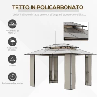 Outsunny Gazebo da Giardino 3.7x3m con Tetto in Policarbonato a 2 Livelli, Acciaio e Alluminio, Marrone(m-4)