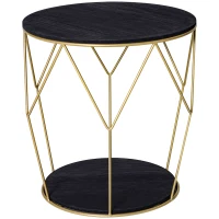 HOMCOM Round Coffee Table with Storage, Modern Sofa Side Table with Metal Frame, End Table for Bedroom, Living Room, Black and Gold, 45 x 45 x 48 cm(m-1)