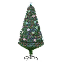 HOMCOM Albero di Natale Artificiale 150cm con Fibre Ottiche e 21 Luci LED, Decorazioni a Forma di Fiocco di Neve, Verde(m-10)