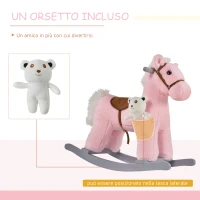 HOMCOM Cavallo a Dondolo per Bambini in Legno e Peluche con Suoni e Orsetto Incluso, per Bimbi da 18-36 Mesi, 65x26x55cm, Rosa(m-8)