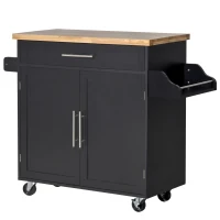 HOMCOM Carrello da Cucina Multiuso con Cassetto, Ruote, Portaspezie e Armadietto, Mobiletto Cucina con Ripiano Regolabile, Portasciugamani e Piano in Legno di Caucciù, 109x40x89 cm, Nero(m-10)