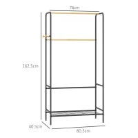 HOMCOM Kleiderständer, 2 Kleiderstangen, Ablage & Haken, Bambus/Stahl, Schwarz(m-3)