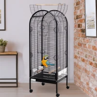 PawHut Jaula para Pájaro Metálica con 3 Perchas de Madera Extraíbles Espaciosa para Loros Canarios Cotorra Papagayo con 4 Ruedas 54x54x151 cm Negro(m-2)