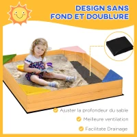 Outsunny Bac à sable carré en bois pour enfants 4 assises en coin et film protection 109 x 109 x 19,8 cm bois naturel(m-4)
