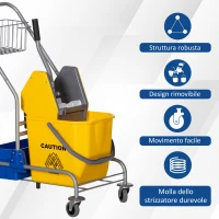 HOMCOM Carrello Pulizie con Strizzatore, Secchio 25L e Ripiano in Plastica, in PP e Metallo, 72x49.5x95 cm, Blu e Giallo(m-4)