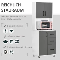 HOMCOM Küchenschrank Hochschrank mit 2 Türen Regal Mikrowellenregal Küchenbuffet mit unterem Aufbewahrungsschrank und 3 Schubladen Kommode Spanplatte Stahl Grau+Weiß 60 x 40 x 160 cm(m-4)