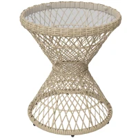 Outsunny Couchtisch Beistelltisch Boho-Design, Glasplatte, PE-Rattan, 45 cm x 45 cm x 52 cm, Natur(m-1)