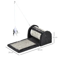 PawHut Rascador para Gatos con Rodillo Tablero para Rascar Cubiertos de Sisal Natural y Juguete Colgante Centro de Actividades para Mascotas 44x24x16 cm Gris(m-3)