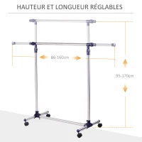 HOMCOM Portant à vêtements tringle réglable à roulettes en acier inox charge max. 25 kg(m-4)