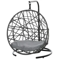 PawHut Rattan Hundehütte mit Kissen Hundehaus Haustierbett Katzenhaus Katzenkorb Katzenhöhle Hängesessel Hängematte für Hunde Katzen Outdoor Grau+Schwarz 60 x 53 x 76 cm(m-10)