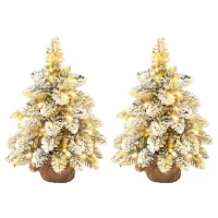 HOMCOM 1.5ft Mini Artificial Christmas Trees with Lights Set of 2, Snow Flocked Tabletop Christmas Trees with Base, Battery Operated, Desktop Party Decoration(m-11)