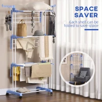 HOMCOM Foldable Clothes Drying Rack, 4-Tier Steel Garment Laundry Rack with Castors for Indoor and Outdoor Use, Blue(m-6)