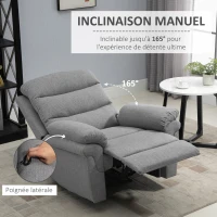 HOMCOM Fauteuil de Relaxation inclinable Manuel avec Repose-Pied Ajustable Tissu Polyester Aspect Lin Gris Clair chiné(m-4)