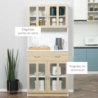 HOMCOM Buffet haut de Cuisine Armoire de Cuisine Multi-Rangement 4 Portes vitrine Verre avec étagère tiroir Coulissant Grand Plateau en Bois Blanc Aspect chêne Clair(m-6)