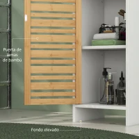 HOMCOM Mueble Auxiliar de Baño con Estantes Ajustables y Puertas de Bambú Anti-vuelco 35x30x170 cm Blanco y Natural(m-7)