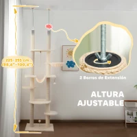 PawHut Árbol para Gatos de Suelo a Techo 225-255 cm con Hamacas Plataformas Juguete de Cuerda Bola de Juguete Beige y Gris(m-4)