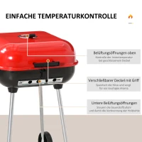 Outsunny Holzkohlegrill Grillwagen Kugelgrill auf Rollen Ablage mit Deckel BBQ Metall Rot 48 x 52,5 x 79,5cm(m-4)
